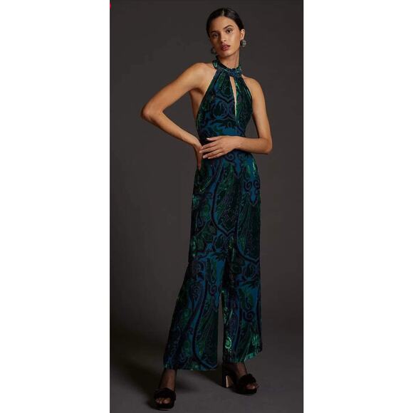 Eva Franco Women's Green Velvet Paisley Halter Jumpsuit, Size 2, Like New